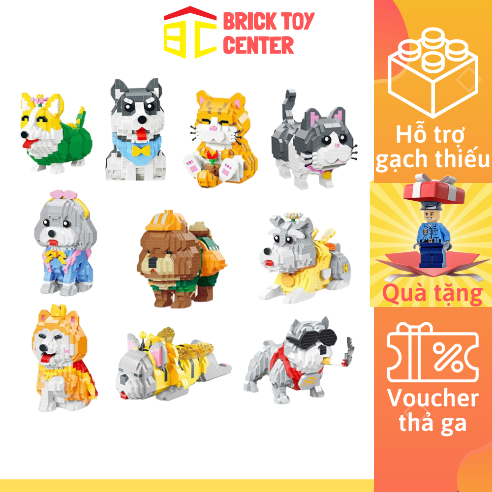 Đồ chơi mô hình giá rẻ lắp ráp chó Corgi Shiba Inu Husky Bully dog mèo cưng dễ thương dành cho trẻ em