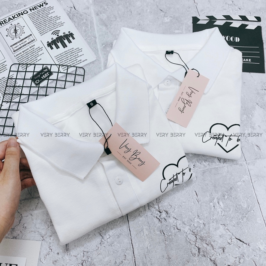 Set đôi cổ đức áo váy chữ Created to be love, chất thun lacoste thoáng mát