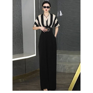 Hàng nhập - jumpsuit suông dài phối lụa sọc cao cấp - ls12340