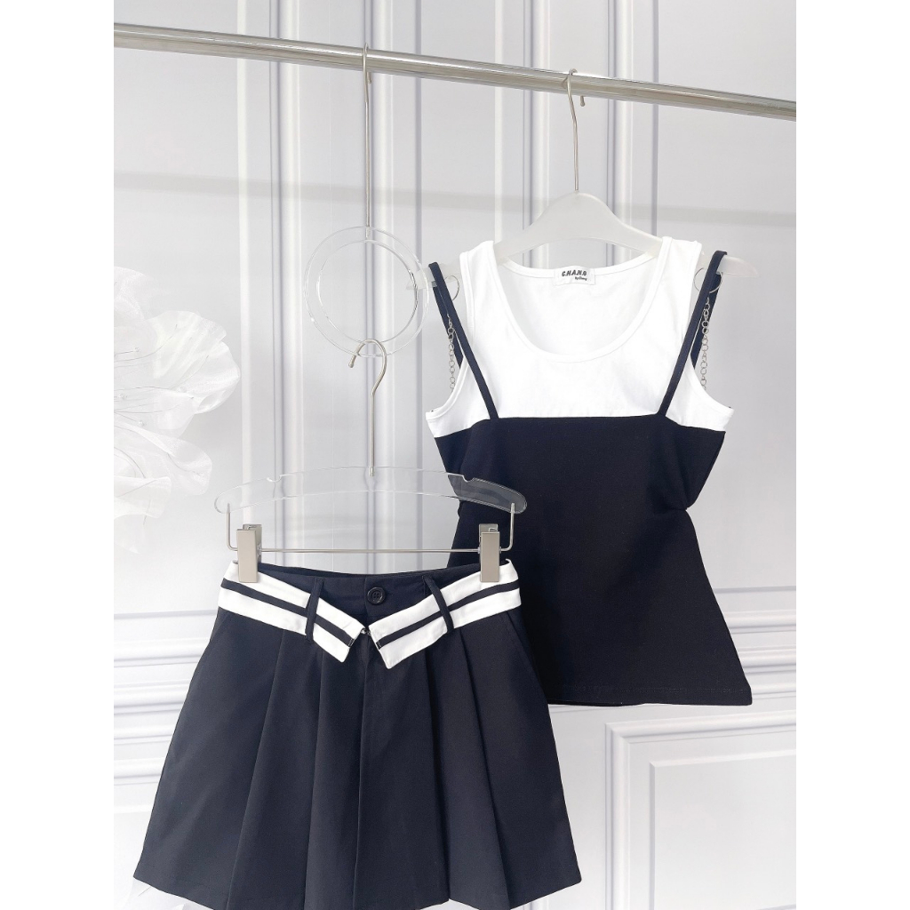 SET ÁO PHỐI 2 DÂY ĐEN BÊN NGOÀI + QUẦN SHORT LẬT LƯNG VIỀN TRẮNG (TH)