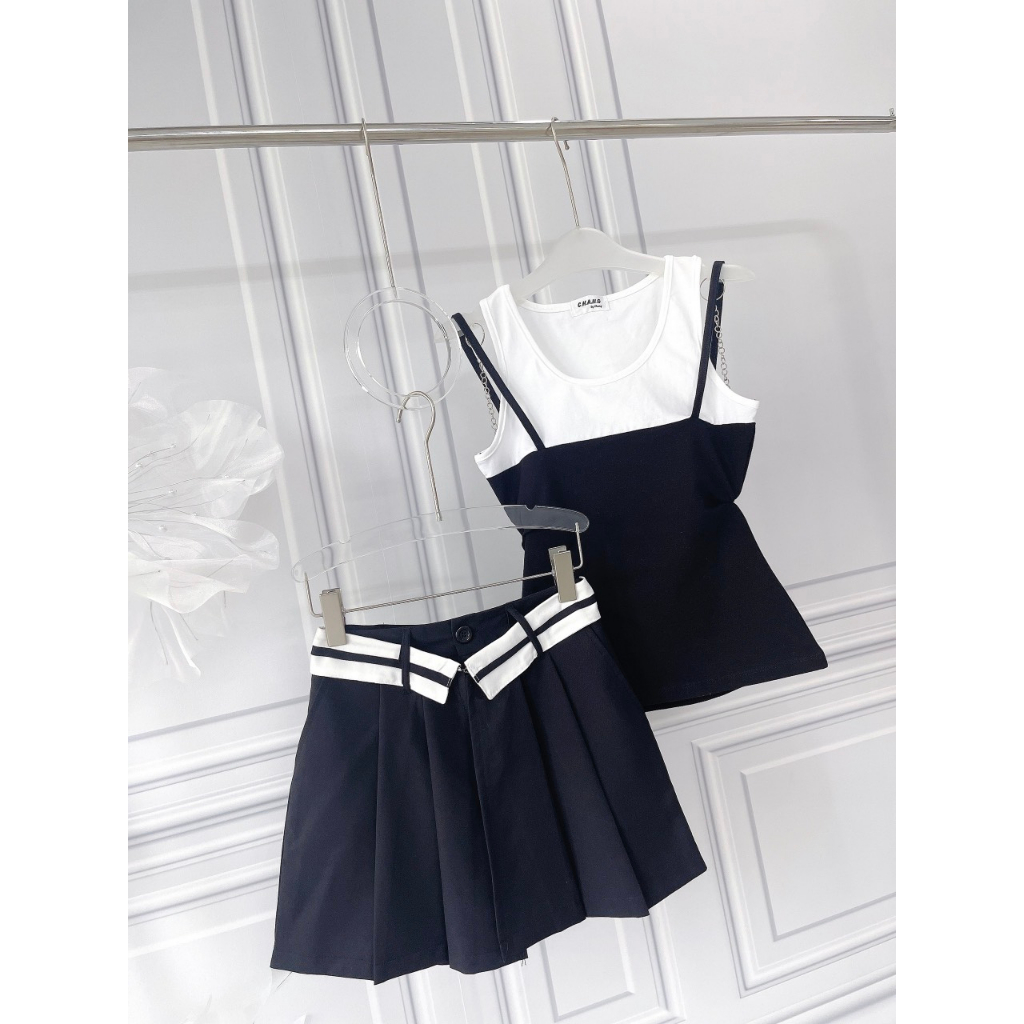 SET ÁO PHỐI 2 DÂY ĐEN BÊN NGOÀI + QUẦN SHORT LẬT LƯNG VIỀN TRẮNG (TH)