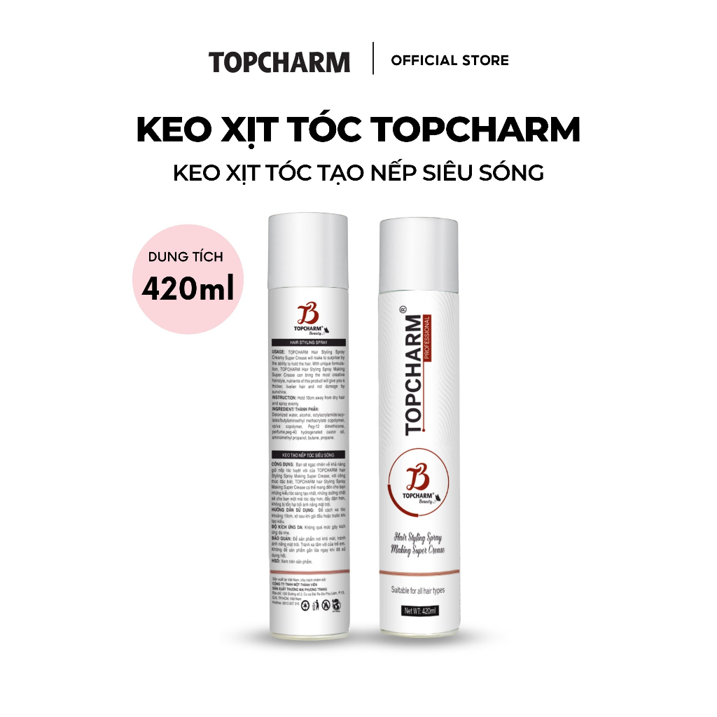Keo xịt tóc tạo nếp siêu sóng TOPCHARM 420ml nam/nữ - Gôm xịt tóc giữ nếp lâu, tạo độ phồng tự nhiên, không bết dính