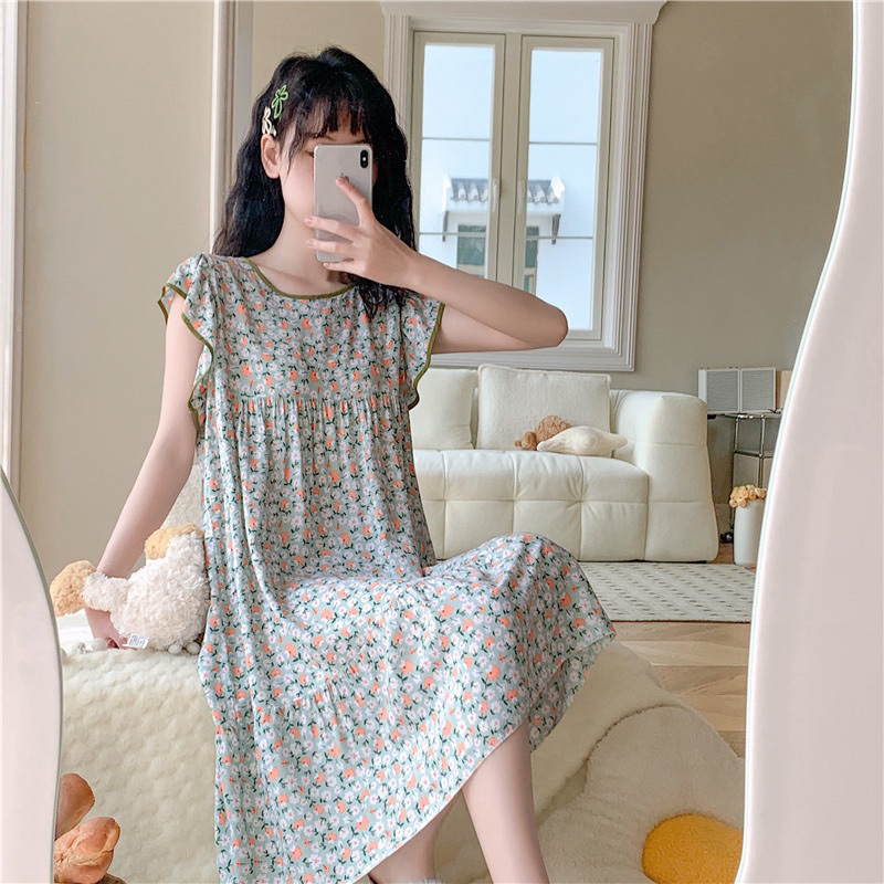 Đầm bầu, váy mặc nhà sát nách phối bèo lanh lụa dễ thương, freesize nhiều hoạ tiết