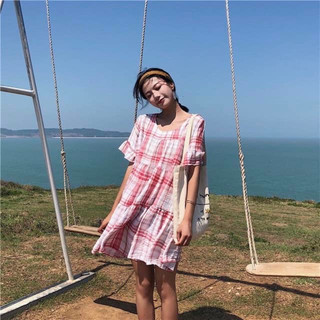 Đầm babydoll phối kẻ ô caro cột nơ sau siêu xinh