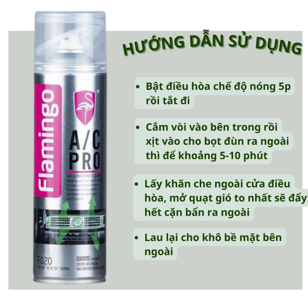 Chai Vệ Sinh Bụi Bẩn Vi Khuẩn Mùi Hôi Điều Hòa Ô Tô Flamingo F020 500ml - Hãng Phân Phối Chính Thức