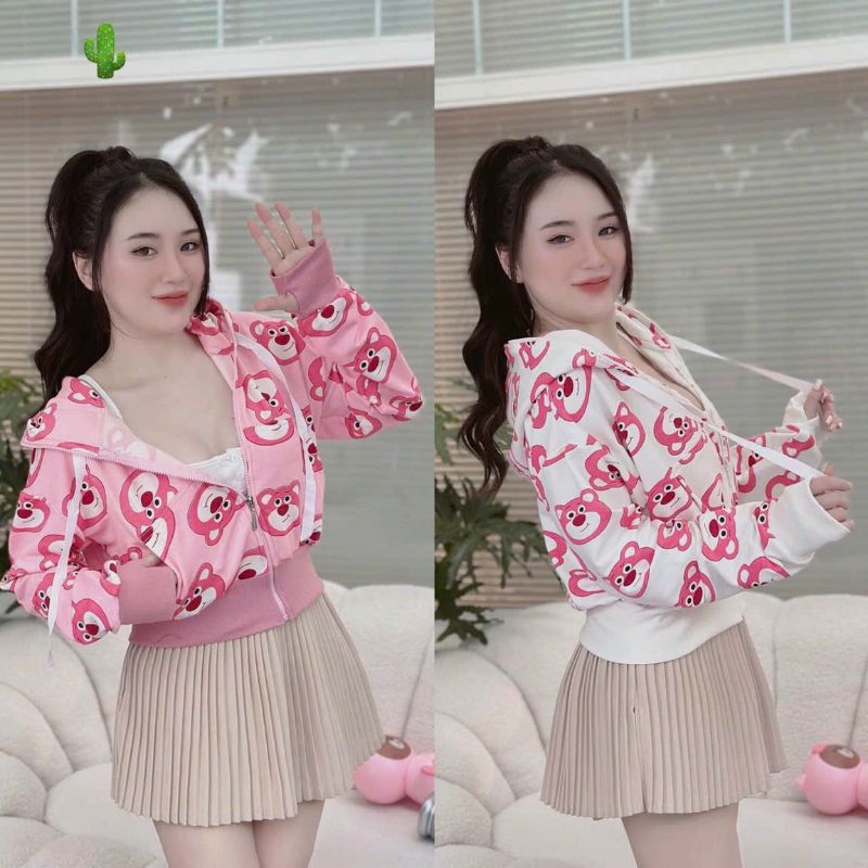 Áo khoác thun gân dáng croptop gấu dâu phong cách dễ thương cho nữ