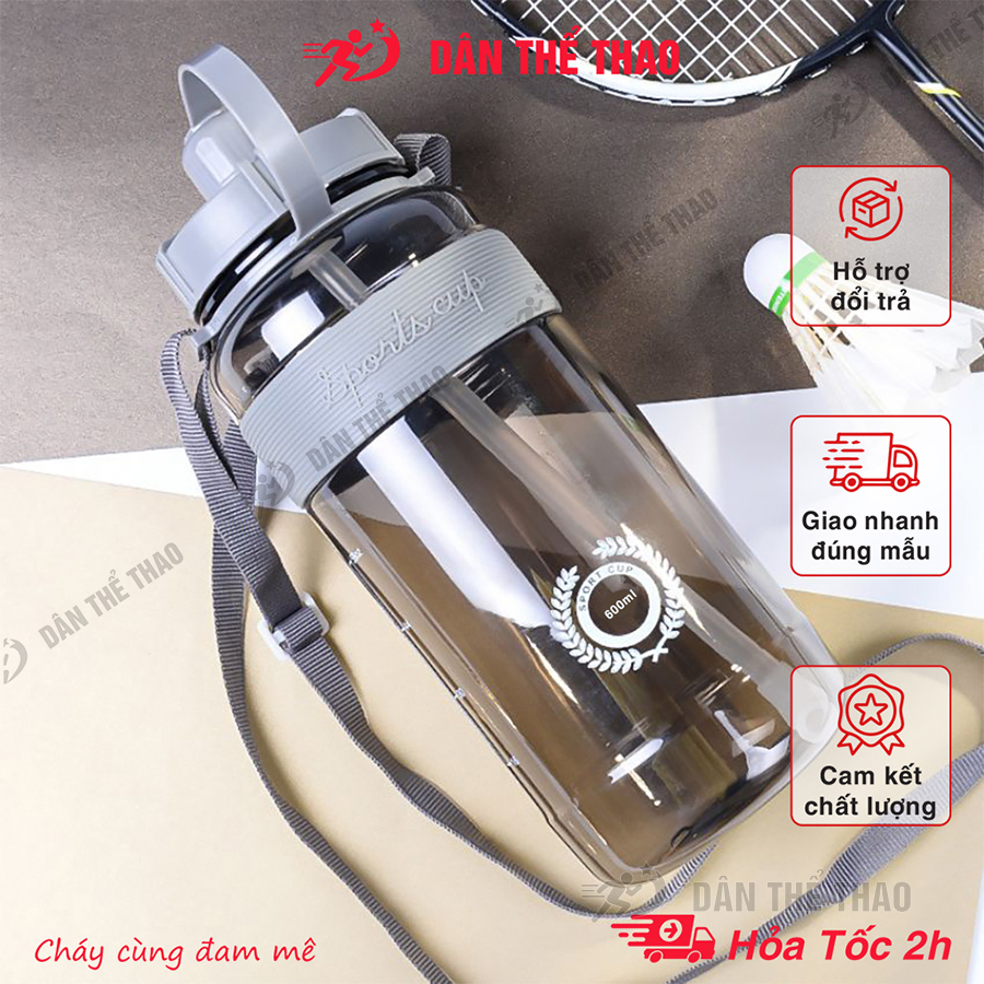 Bình nước có ống hút dây đeo, bình đựng nước thể thao tập gym đeo chéo đi học trong suốt loại xịn