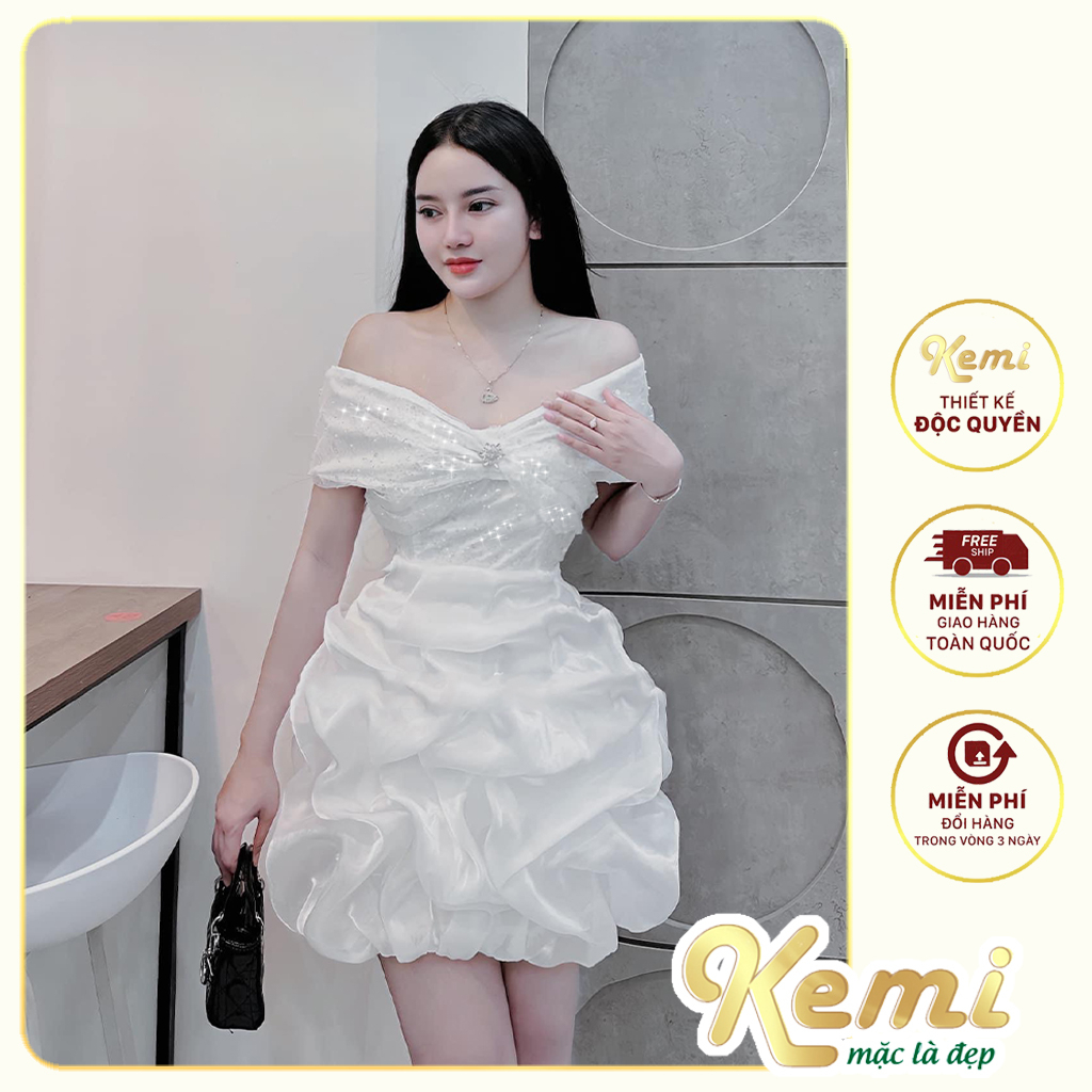 Váy kim sa trễ vai cánh thiên thần bling bling lấp lánh dáng đầm bồng tơ óng nhún bồng lượn sóng Kemi
