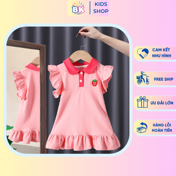 Váy polo bé gái mùa hè sát nách thêu dâu tây. Đầm polo đuôi cá cho bé gái chất liệu vải cá sấu mềm mịn - BKKIDS!
