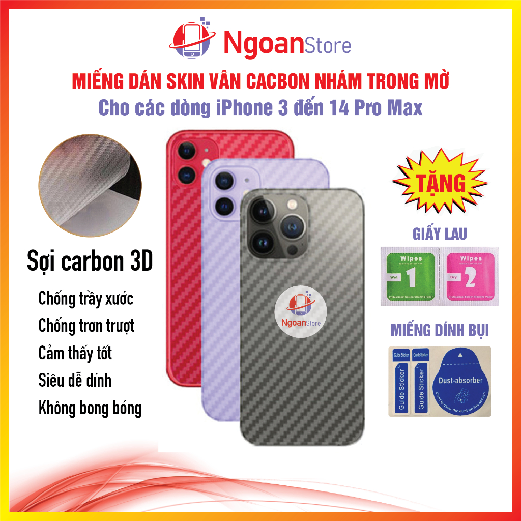 Miếng Dán Skin vân cacbon nhám trong mờ Chống Bám Vân Tay iPhone 6/6s/7/7Plus/8/Plus/X/XS/11/12/13/14/ProMax/Max/Plus