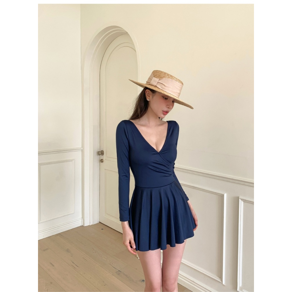 Bikini bộ bơi 2023 đồ bơi tay dài, váy quần kín đáo chống nắng, che bụng tôn ngực xanh đậm cao cấp, đi biển, học bơi