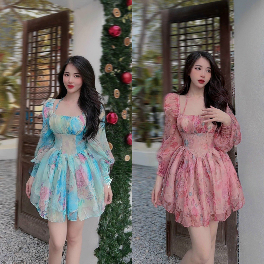 Đầm voan hoa công chúa dáng mini xòe bèo xếp ly ôm eo tôn dáng kèm mút ngực xinh xắn, duyên dáng [809]