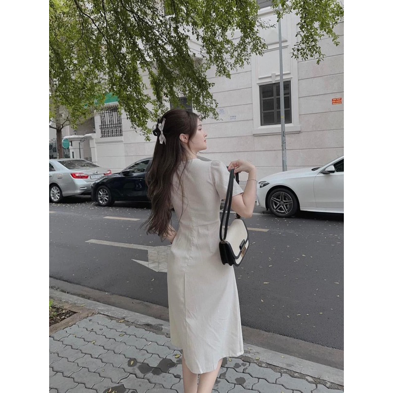 Váy Đầm cổ V linen Ancava