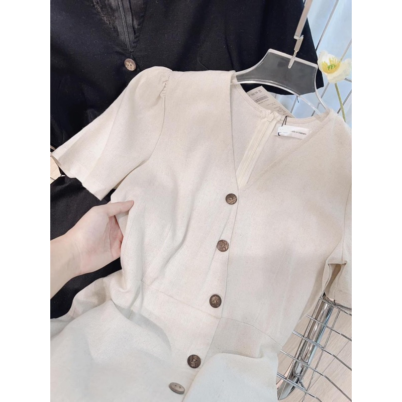 Váy Đầm cổ V linen Ancava