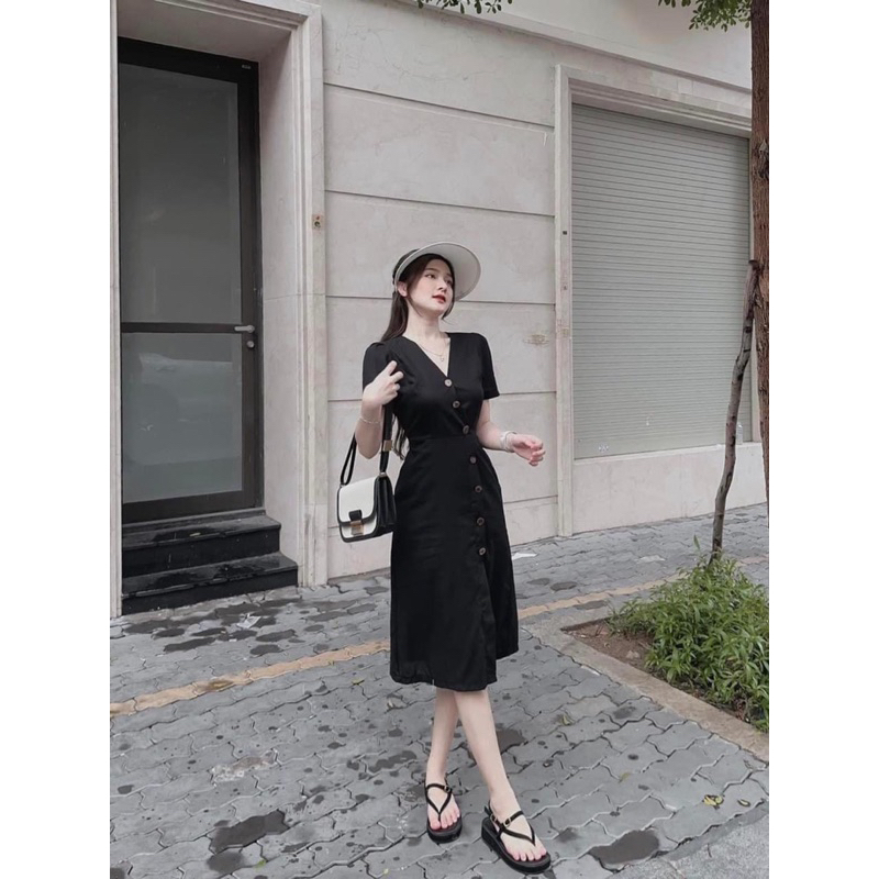 Váy Đầm cổ V linen Ancava