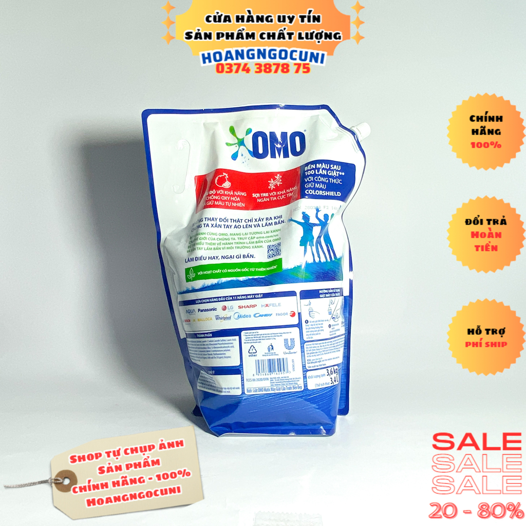 Nước giặt Omo cho máy giặt cửa trên và cửa trước dạng túi dung tích lớn 3.6kg và 3.9kg chính hãng