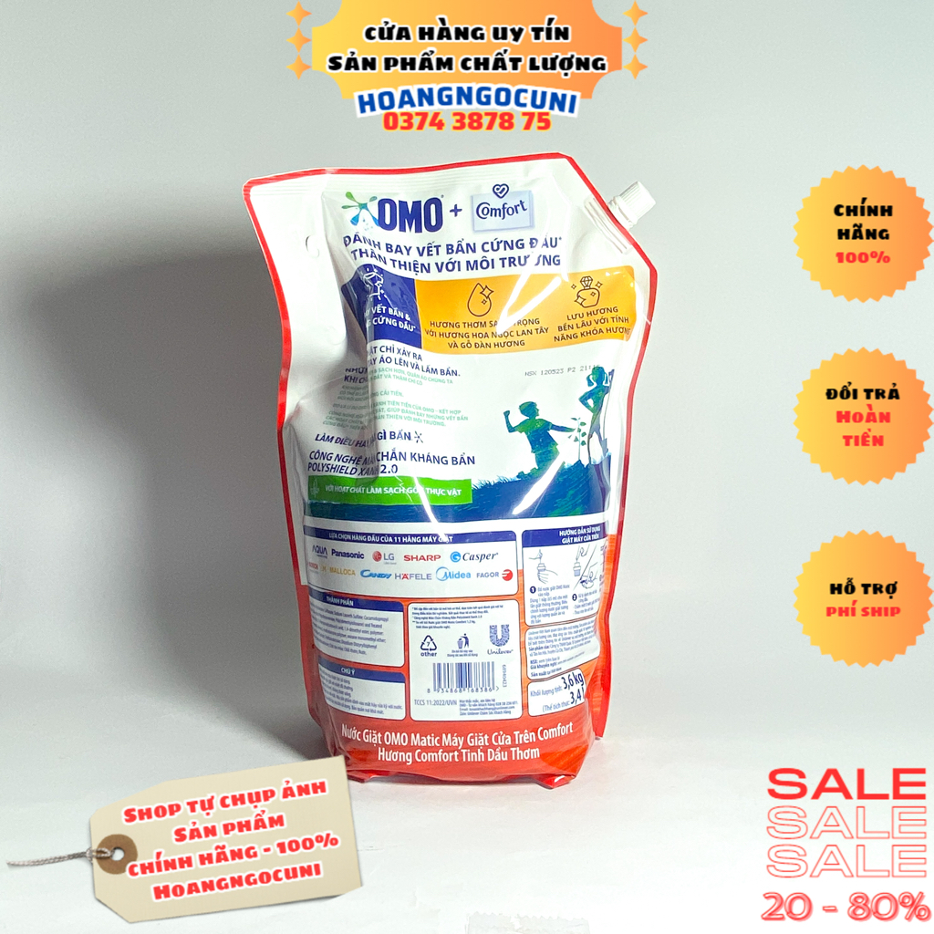 Nước giặt Omo cho máy giặt cửa trên và cửa trước dạng túi dung tích lớn 3.6kg và 3.9kg chính hãng
