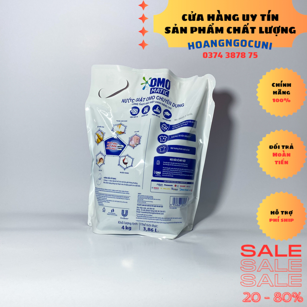 Nước giặt Omo cho máy giặt cửa trên và cửa trước dạng túi dung tích lớn 3.6kg và 3.9kg chính hãng