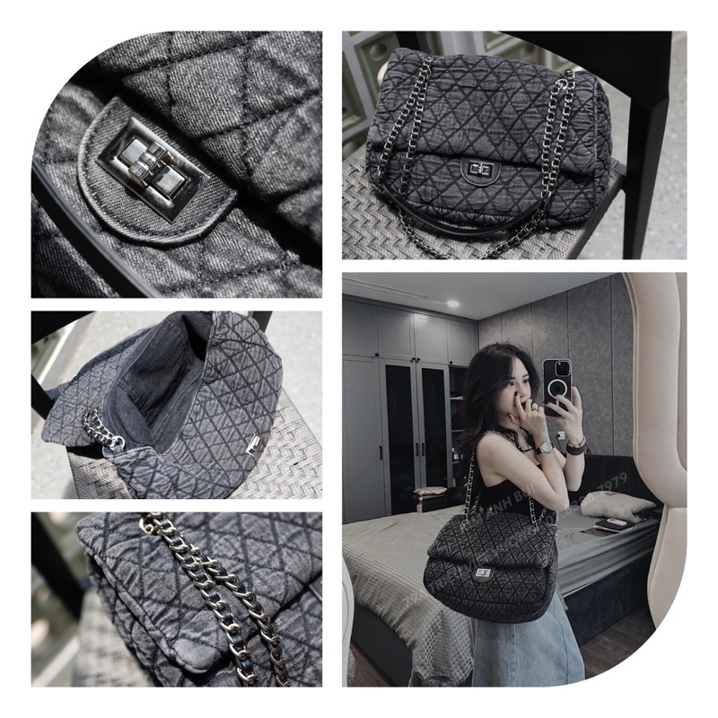 Túi đeo vai denim hot hit dáng to no box, kèm dustbag size 36cm màu bò mài W166-36