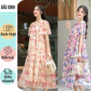 VÁY BẦU DỰ TIỆC CÔNG SỞ ĐẸP-ĐẦM BẦU HOA CẨM TÚ CẦU BABYDOLL XINH XẮN VẢI VOAN 2 LỚP MỀM MÁT CỰC SANG