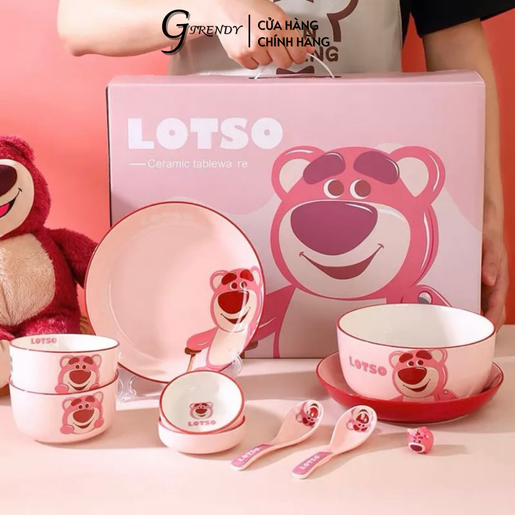 Set 9 Món Chén Tô Dĩa Muỗng Bằng Sứ Hình Gấu Dâu Chính Hãng Disney