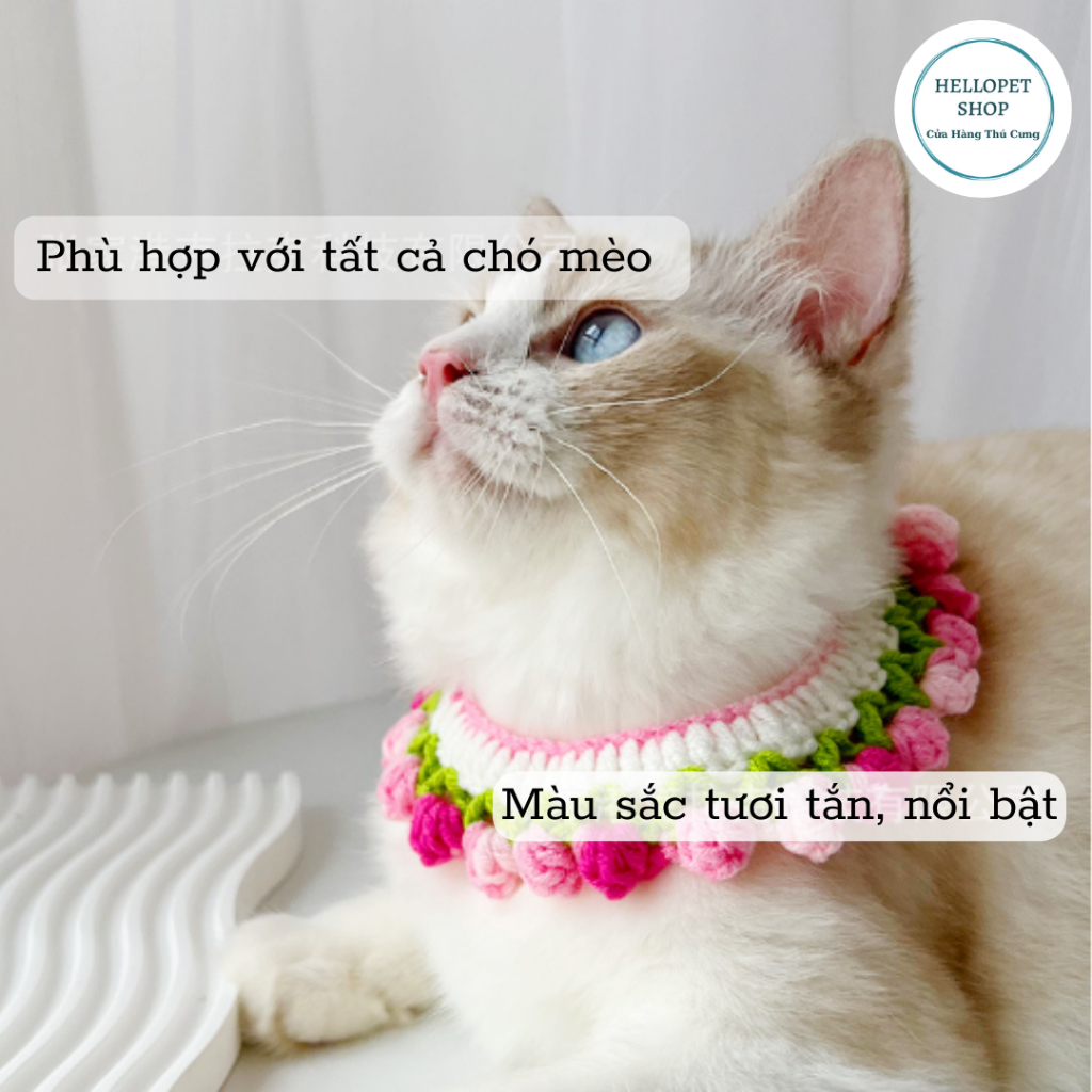 Vòng cổ cho chó mèo bằng len hình hoa tulip dễ thương HELLOPET, Vòng cổ đan len thủ công mềm mại cho thú cưng