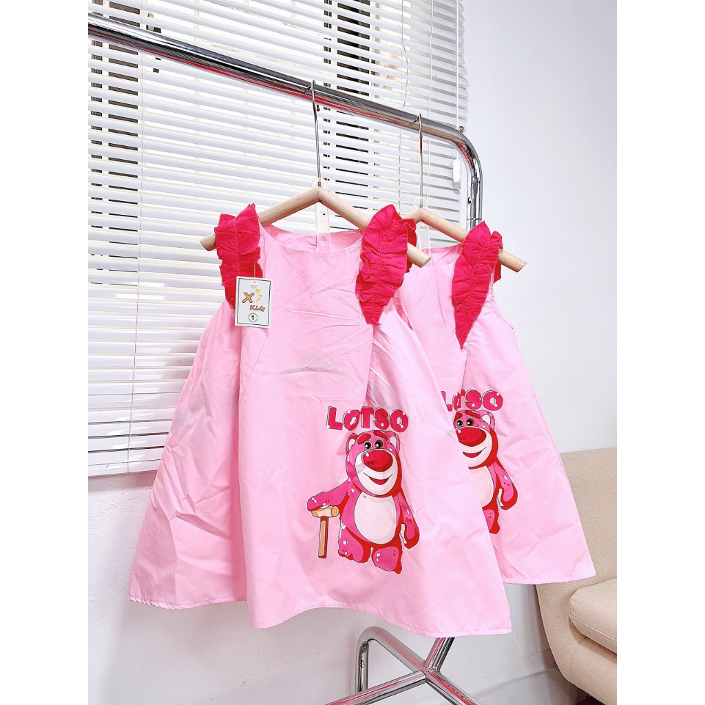 Váy gấu dâu lotso mềm mát may tay bèo điệu đà cho bé gái