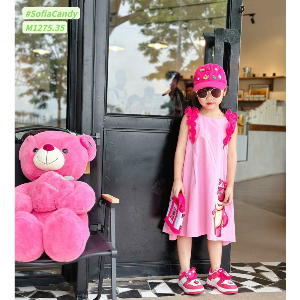 Váy gấu dâu lotso mềm mát may tay bèo điệu đà cho bé gái