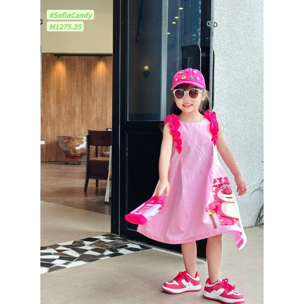 Váy gấu dâu lotso mềm mát may tay bèo điệu đà cho bé gái