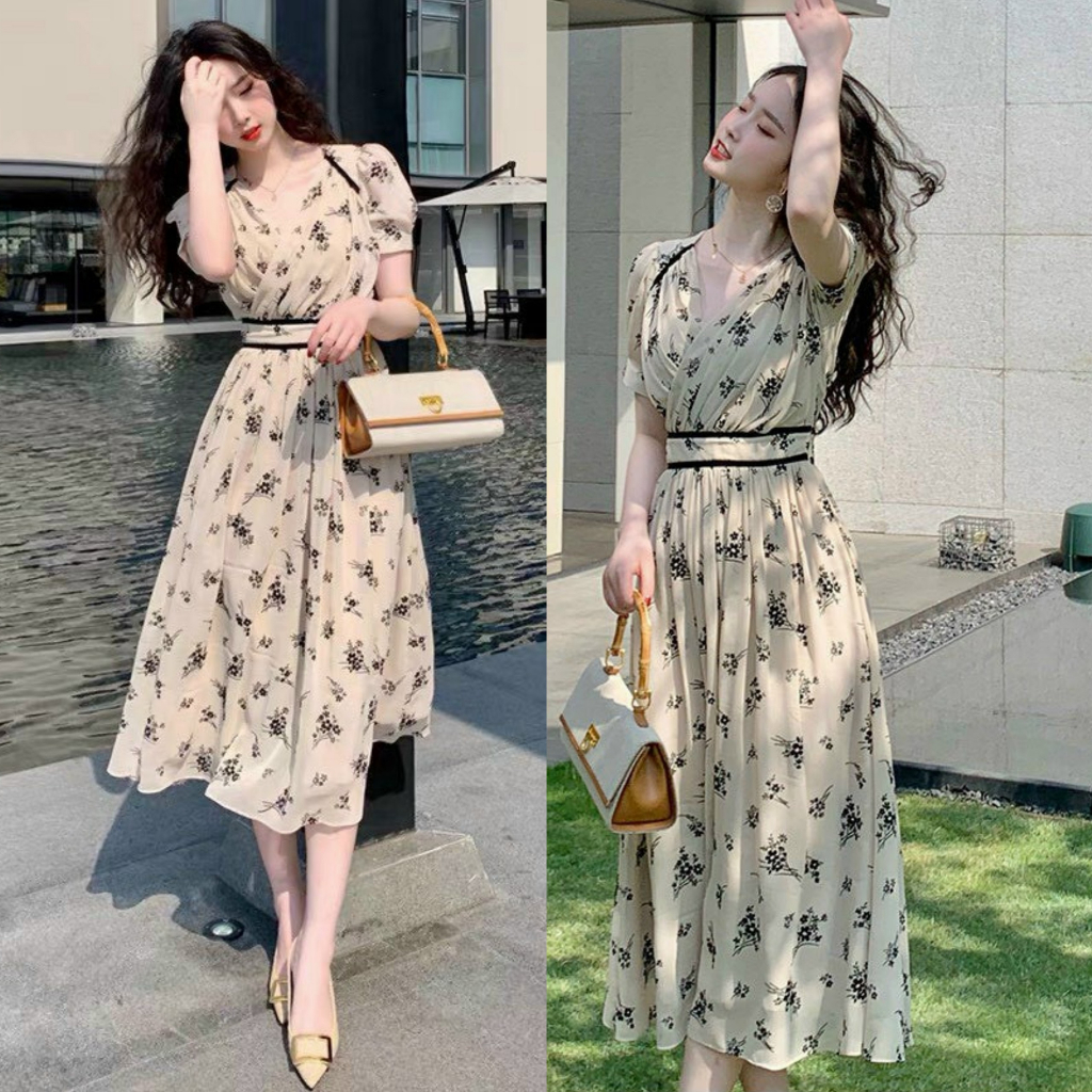 Đầm váy nữ xòe tay đan chéo ngực dáng dài kèm họa tiết hoa nhí xinh xắn phù hợp đi chơi, dự tiệc [888]