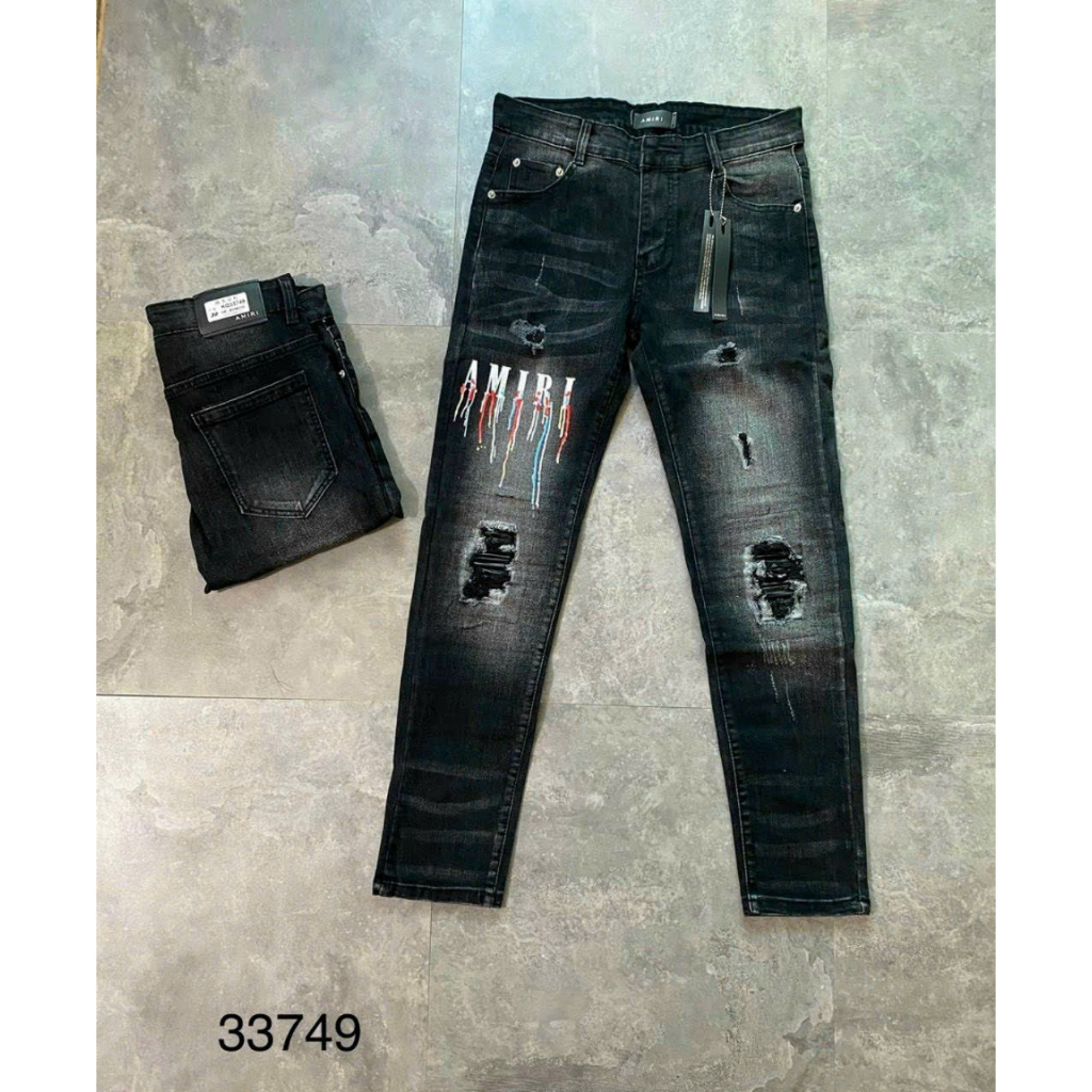 Quần jean nam cao cấp đen vá vải thêu logo chất bò co giãn form skinny mẫu mới cao cấp-AHFASHION