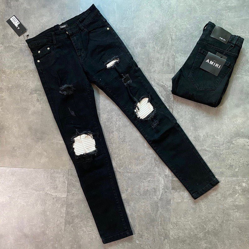 Quần jean nam cao cấp đen vá vải thêu logo chất bò co giãn form skinny mẫu mới cao cấp-AHFASHION