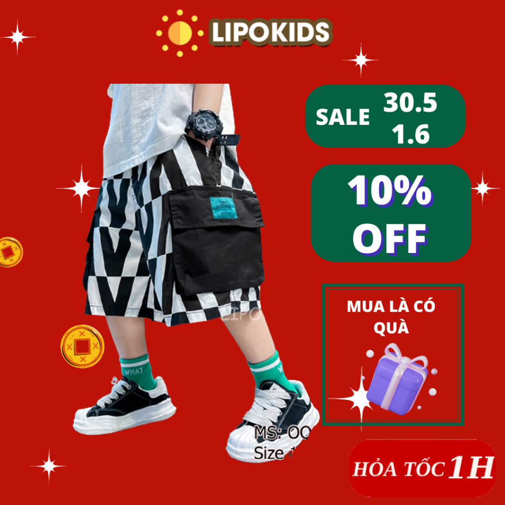 Quần short cho bé trai size đại, Quần lửng kẻ đen túi hai bên cho bé OQ054 Lipokids