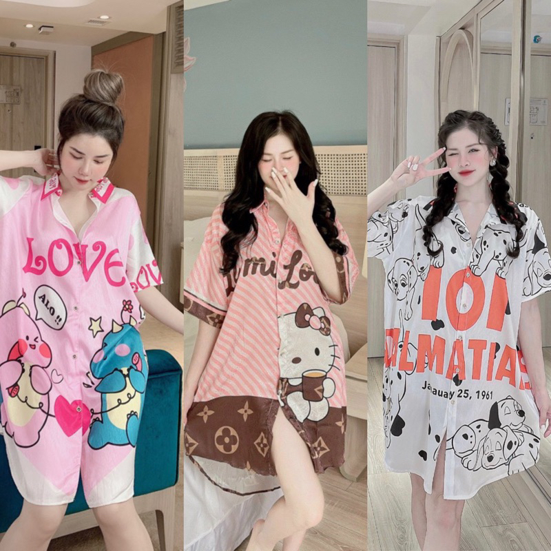Váy ngủ fom rộng cổ sơmi dễ thương, đầm mặc nhà chất LỤA XƯỚC ánh kim mịn mát, free size dưới 70kg