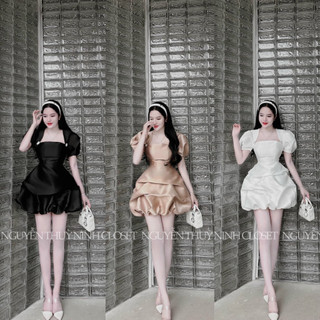 Đầm nữ thời trang mặc đi tiệc chất Tapta cổ vuông tay ngắn ôm eo váy chữ A phồng bí sang chảnh