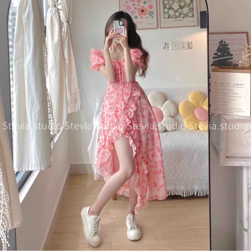 Stevia.studio - Váy midi voan hoa hồng xẻ - 3 size Xs, S, M