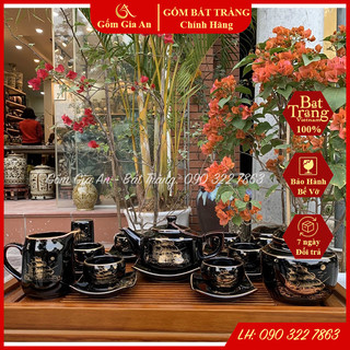 Bộ ấm chén uống trà, bộ bình trà, bộ ấm trà, bộ ấm chén bát tràng - thuận buồm xuôi gió men đen bóng