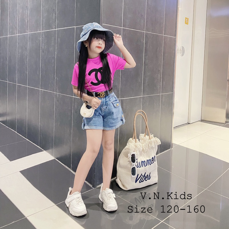 Set áo thêu chư + quần sóc Jean kèm đai cho Bé đón hè size đại 20kg -42kg