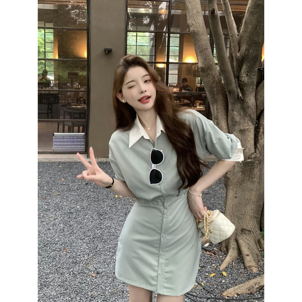 Váy Sơ Mi Dài Tay Dáng Ngắn Đầm Công Sở Chiết Eo Váy Dài Qua Gối Có Cổ Kiểu Hàn Quốc Váy Đi Chơi Đầm Nữ Mùa Hè V155