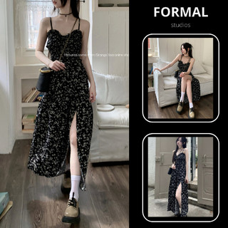 Váy hai dây dáng dài xẻ tà - Đầm maxi đi biển màu đen họa tiết F30