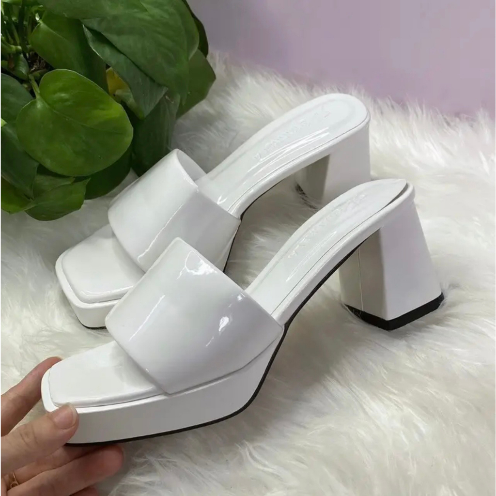 Dép cao gót quai ngang trơn bóng cao 7cm hot trend