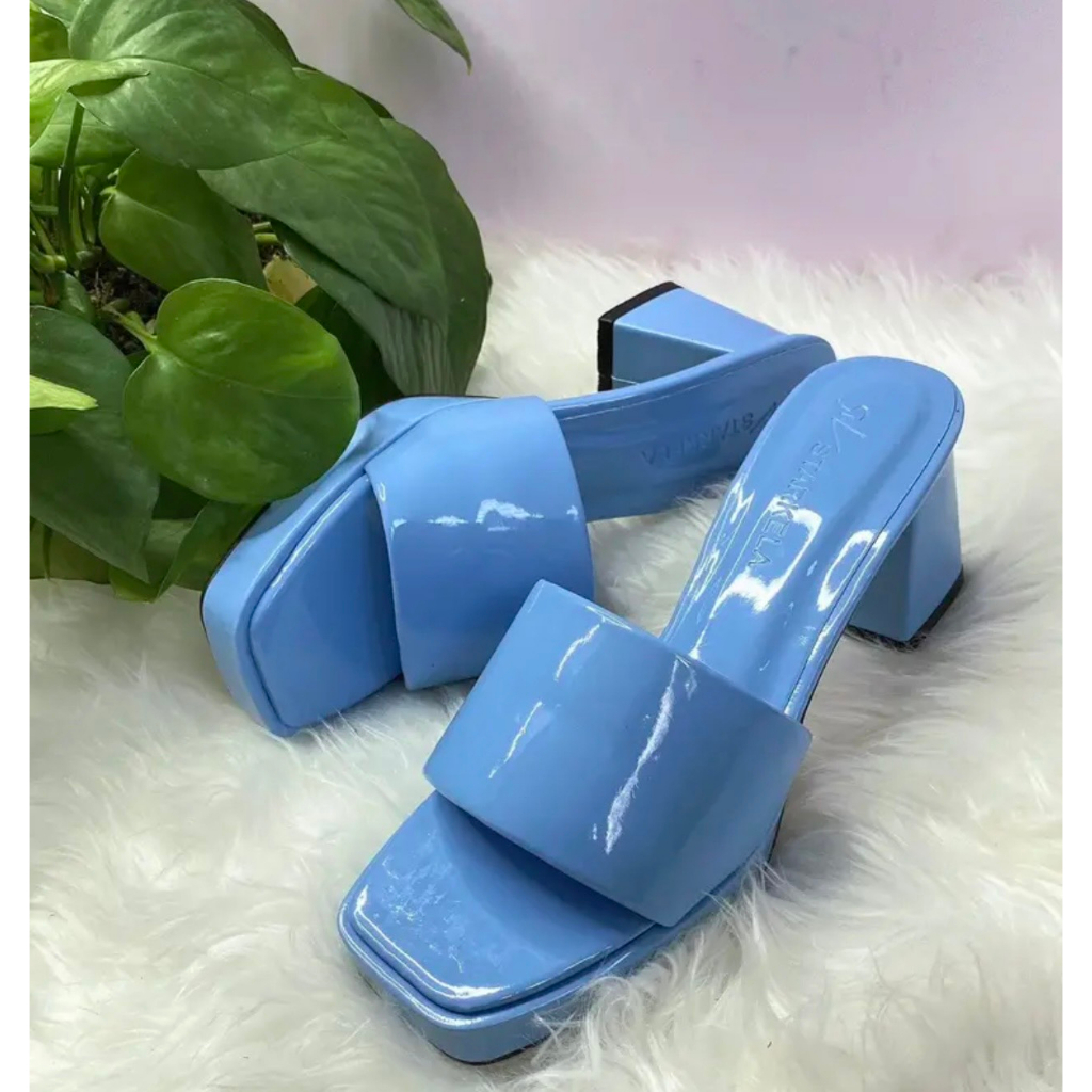 Dép cao gót quai ngang trơn bóng cao 7cm hot trend