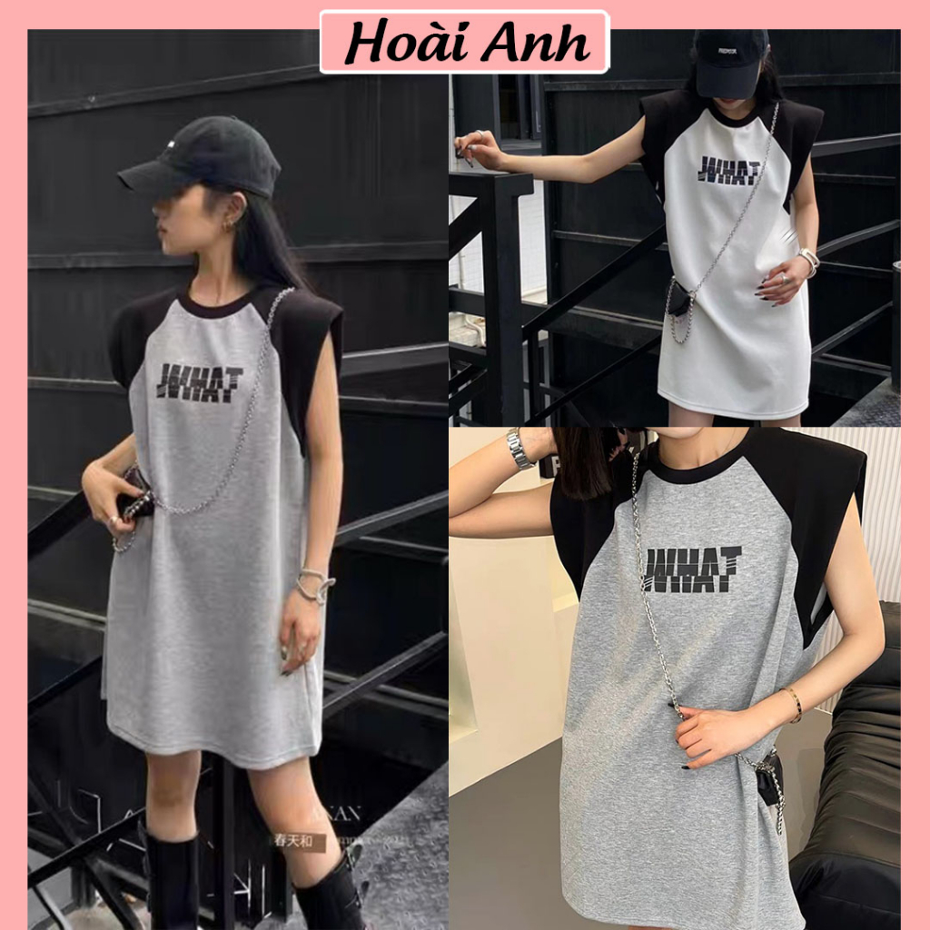 Áo Phông Nữ Dáng Dài Đệm Vai In Chữ WHAT Tay Hến Phối Màu Áo Váy Nữ Form Rộng Dáng Dài Phối Tay Hến Đen Freesize