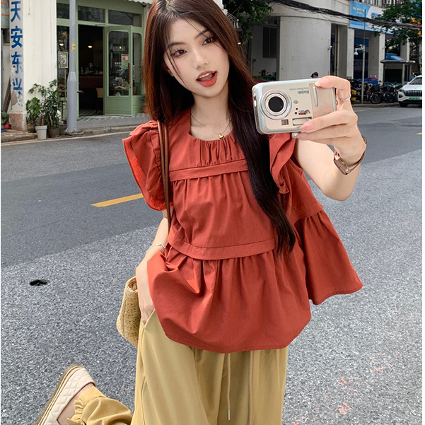 Áo sơ mi nữ tay cánh tiên dáng xoè vintage, sơ mi nữ cổ tròn phong cách cổ điển hàn quốc 2800