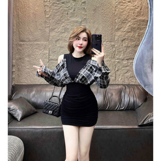Đầm nữ thời trang mặc đi chơi chất thun gân cổ tròn sát nách váy ôm body phối áo khoác sọc kate tay dài