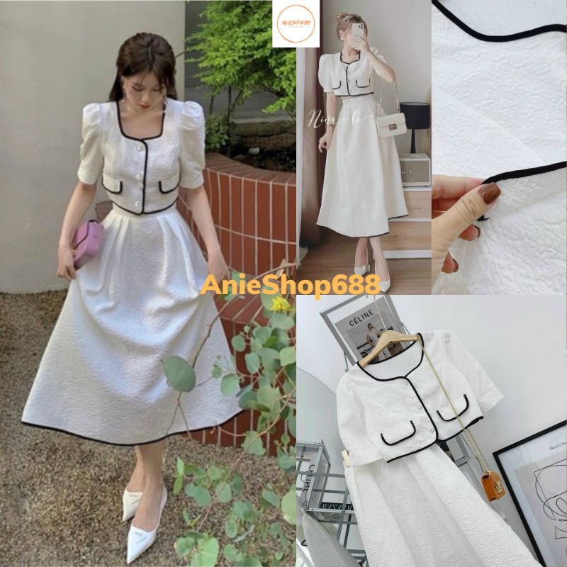 Set đồ nữ áo nút croptop phối viền tay ngắn kèm chân váy xòe chữ A dáng dài dáng dài tiểu thư sang chảnh ANIESHOP688