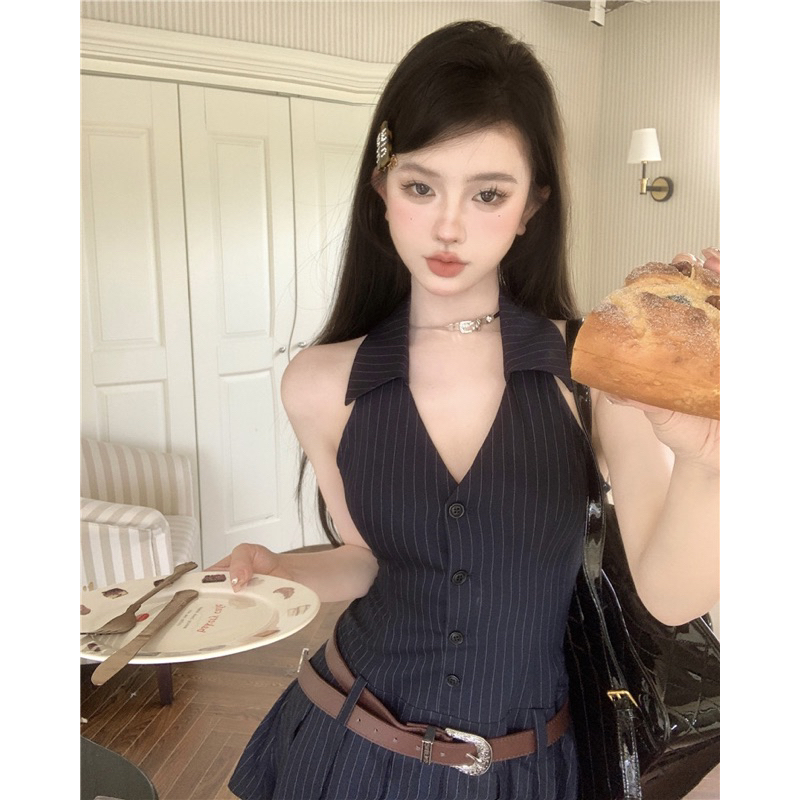 Đầm nữ cổ yếm giả sơmi TABISHOP Váy sát nách xếp ly phong cách Hàn Quốc đi dự tiệc đi chơi hottrend
