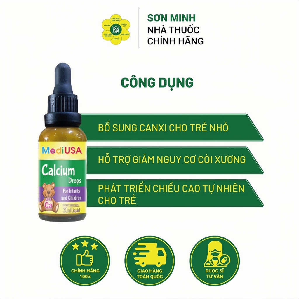 Siro uống bổ sung canxi tăng chiều cao cho bé MediUSA Calcium Drops chai 30ml