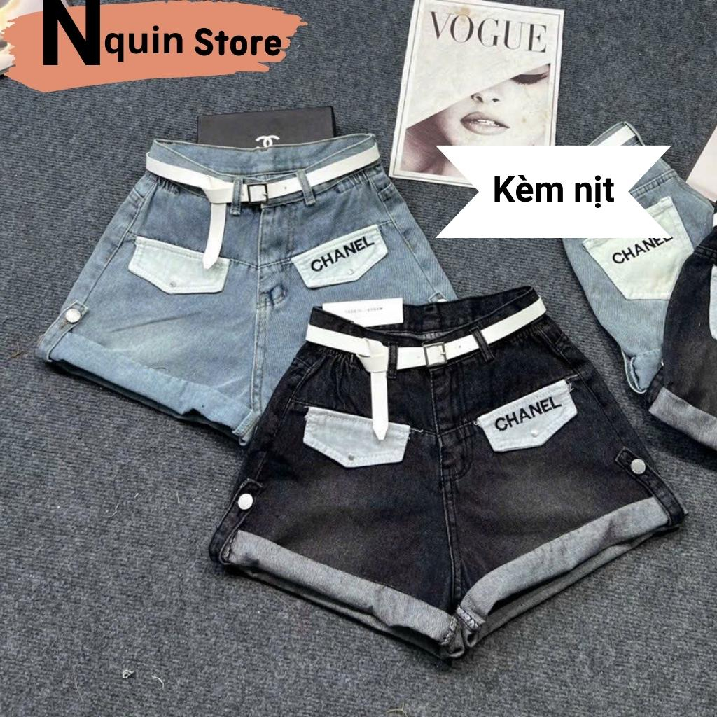 Quần short jeans nữ lưng cao túi hộp phối nút bấm,quần thiết kế lật lai kèm đai nịt Nquin store