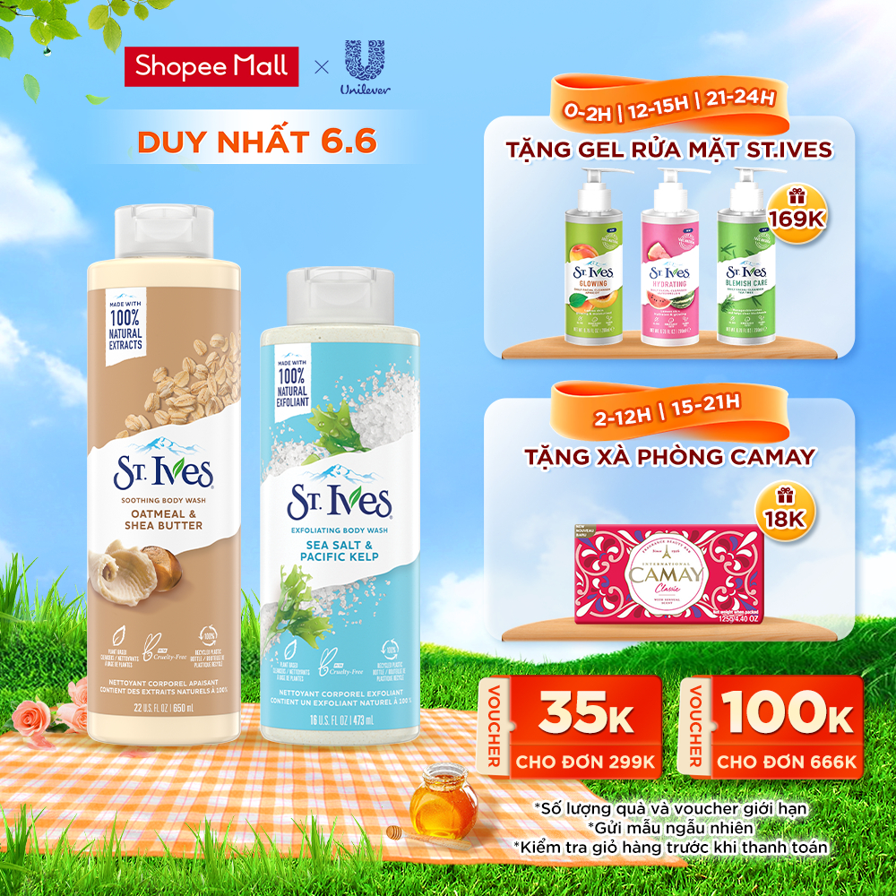 Combo Sữa tắm St.ives Yến mạch và bơ 650ml và Sữa tắm St.ives Muối biển 473ml